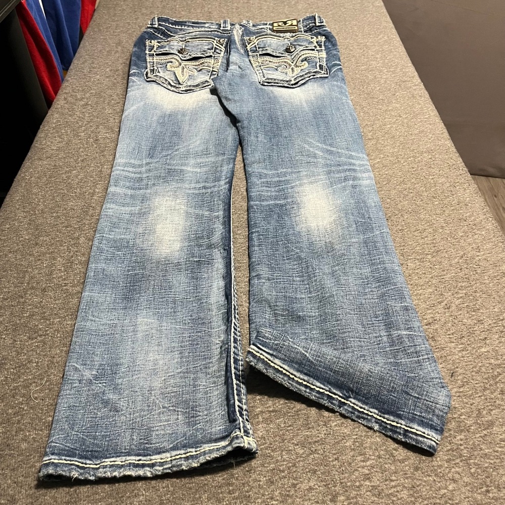 Rock Revival Thao Boot Cut Jeans Mens 32 Blue Distressed Heavy Stitch Denim